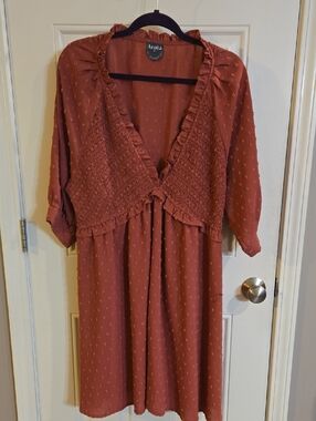 ARULA Rust-Red Midi Dress with Ruffle Trim